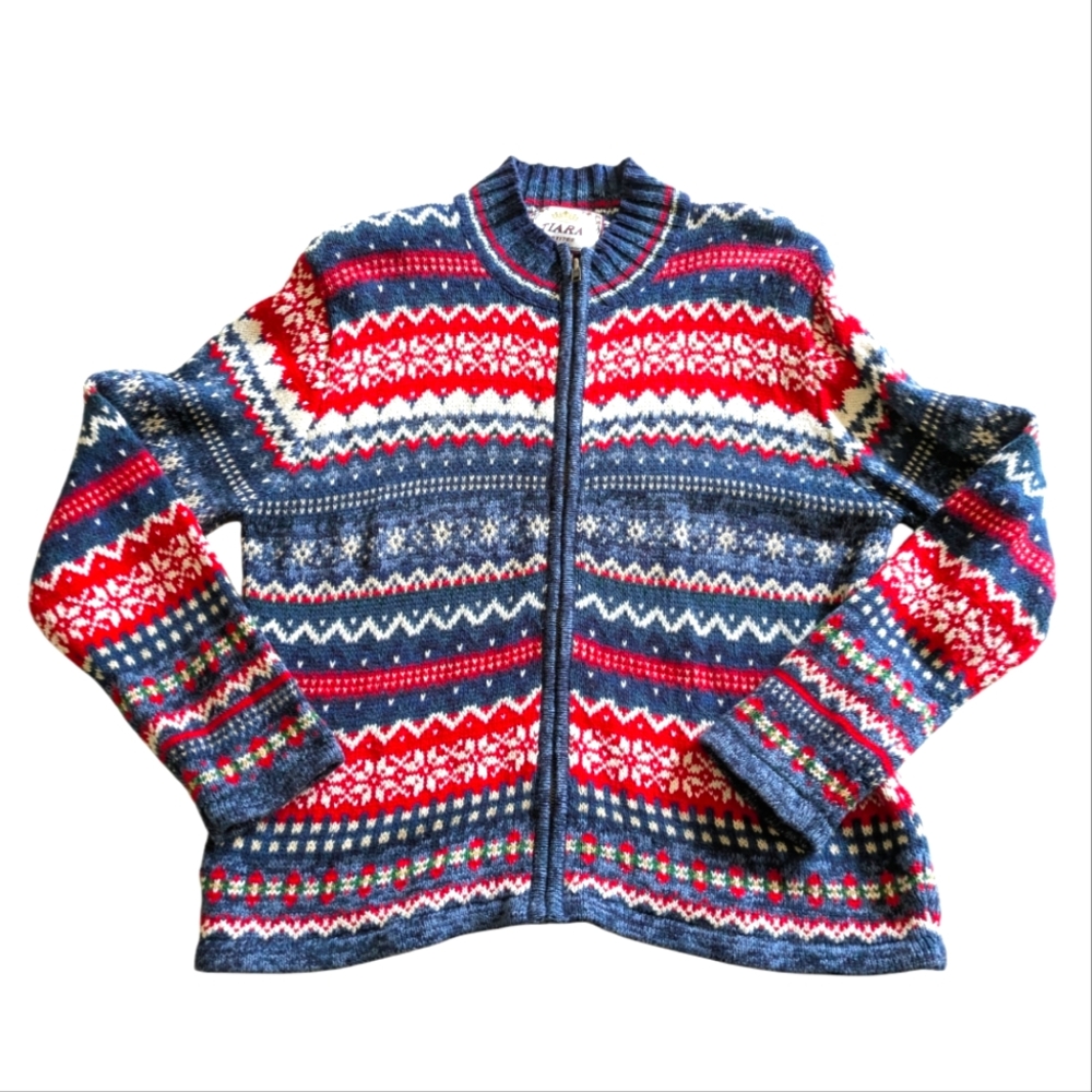 VTG Tiara‎ Fair Isle Sweater Cardigan Petite M Red Blue Knit Grandmacore Grandpa